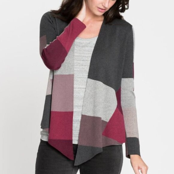 NIC+ZOE Tan Brown ish Blue Colorblock Geo Geometric Open Cardigan PETITE PP / XS - Picture 5 of 15